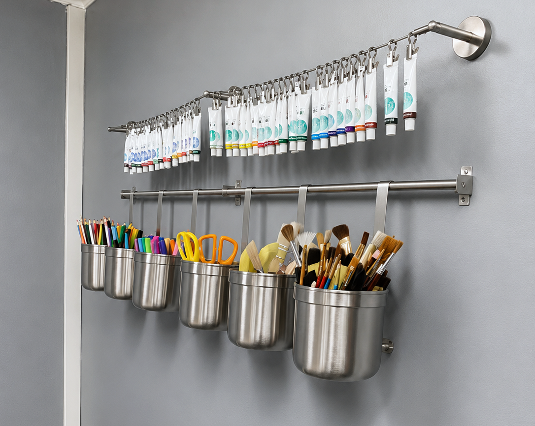 Wall-mounted rail of paint tubes and brushes in the MBHI art therapy studio