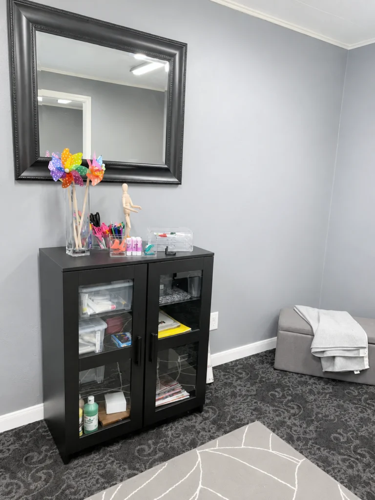 Art supply cabinet and framed mirror in the MBHI therapy office