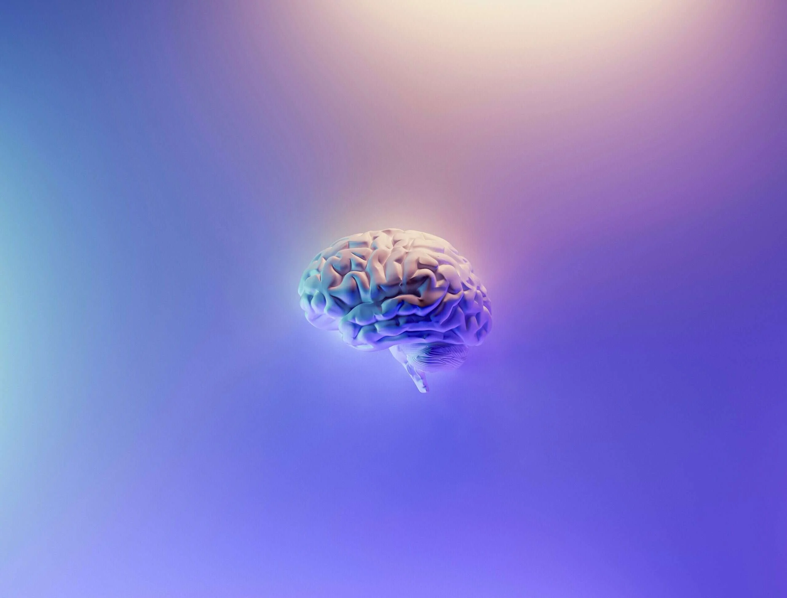 Glowing 3D human brain against a soft blue and purple gradient background, representing brain-based trauma therapy.